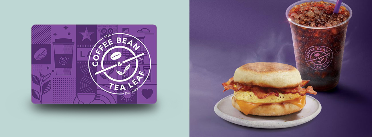 Three gift cards with different designs on the left and on the right is a burger and a cup of coffe.
